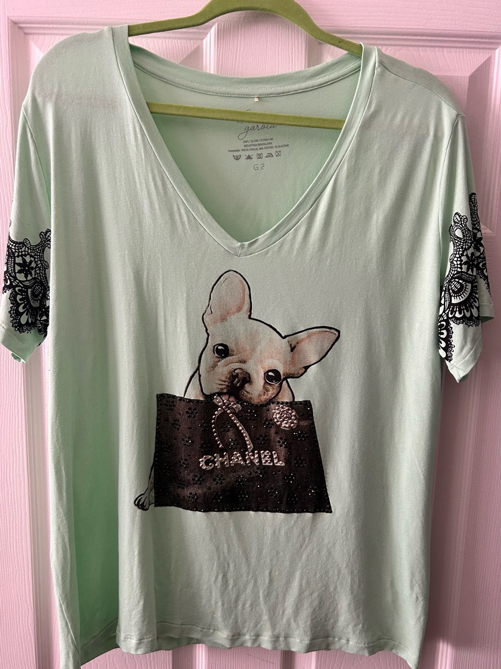 Unknown Brand Women's Mint Green Dog Graphic V-Neck Tee